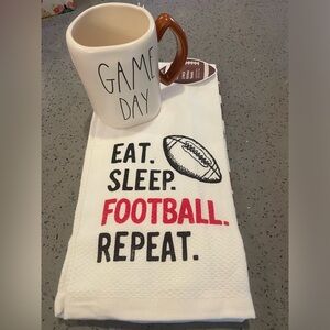 Rae Dunn GAME DAY Mug With ColorDrift Football Towel Set NEW